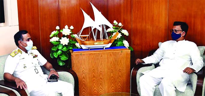 Chief of Naval Staff Admiral M Shaheen Iqbal makes a courtesy call to State Minister for Shipping Khalid Mahmud Chowdhury at his Secretariat Office on Sunday.