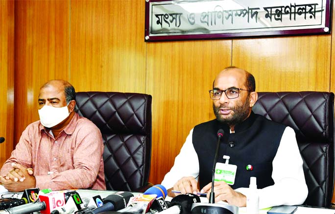 Fisheries and Livestock Minister SM Rejaul Karim briefs journalists on the occasion of Mother Hilsha Protection Drive-2020 at the conference room of the Ministry on Monday.