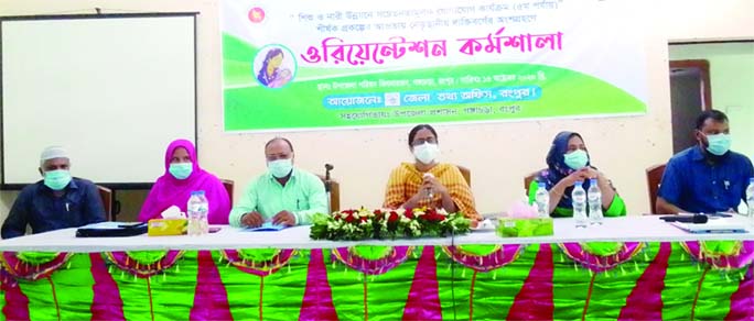 Gangachara UNO Taslima Begum speaks at the orientation workshop on Child and Woman Development at the Rangpur District Information Office on Tuesday.