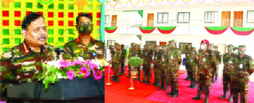 Chief of Army Staff General Aziz Ahmed speaks at a ceremony after inaugurating a newly constructed complex of Army School of Physical Training and Sports at Army training area at Trishal in Mymensingh on Tuesday. ISPR photo