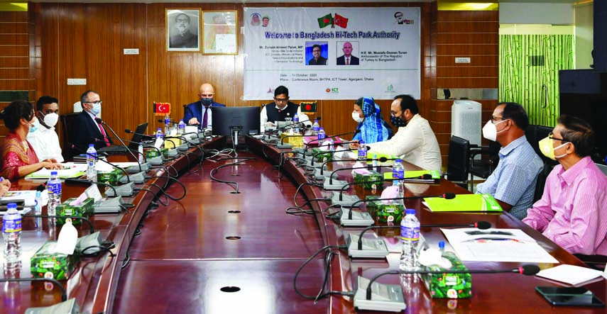 State Minister for ICT Zunaed Ahmed Palak addresses a view-exchange meeting at the seminar room of the Bangladesh Hi-Tech Park Authority on Wednesday. Turkish Envoy to Bangladesh Mustafa Osman was present on the occasion.