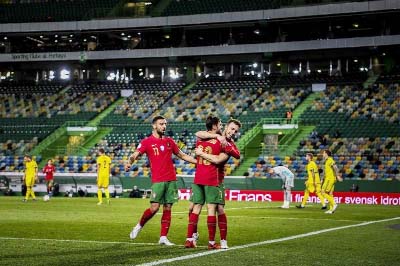 Portugal's midfielder Bernardo Silva (center) celebrates with his teammates after scoring a goal during the Nations League football match against Sweden at the Alvalade stadium in Lisbon on Wednesday.