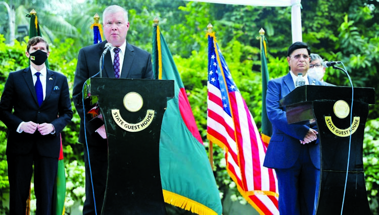 US Deputy Secretary of State Stephen Beigun speaks at a media briefing at State Guesthouse Padma in Dhaka on Thursday