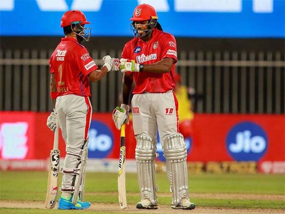 Chris Gayle (right) and KL Rahul of Kings XI Punjab celebrate during the Indian Premier League match between Kings XI Punjab and Royal Challengers Bangalore, in Sharjah, UAE on Thursday.