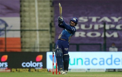 Mumbai Indians batsman Quinton de Kock hoists one over the leg side while scoring a match-winning 78 off 44 balls in the Indian Premier League match against Kolkata Knight Riders in Abu Dhabi on Friday.