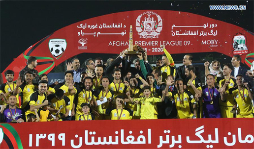 Team of Shaheen Asmaee celebrate after winning the Afghan Premier League (APL) football match against Simorgh Alborz at Afghanistan Football federation (AFF) stadium in Kabul, capital of Afghanistan on Friday.