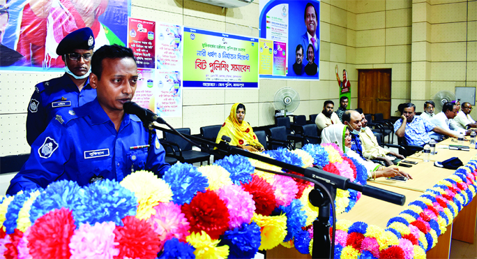 Additional Police Super Abu Sufian speaks at the anti-rape and anti-violence convention in Mirza Azam Auditorium at Melandah in Jamalpur on Saturday.