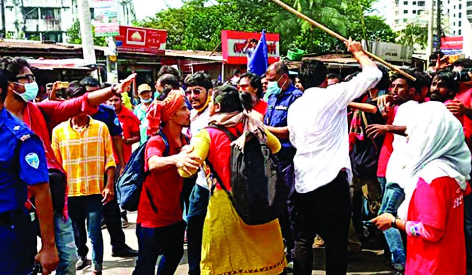 Miscreants attack a long march by anti-rape protesters in Feni town on Saturday.