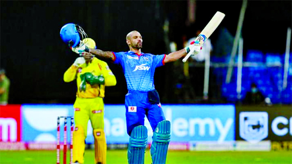 Delhi Capitals (DC) player Shikhar Dhawan celebrates after scoring a century during their Indian Premier League (IPL) T20 cricket match against Chennai Super Kings (CSK) on Saturday.