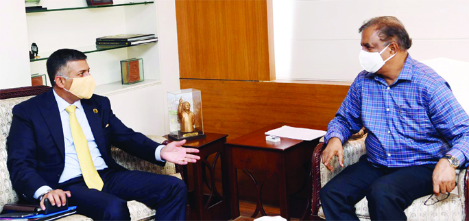Newly-appointed Indian High Commissioner to Bangladesh Vikram Kumar Doraiswami pays a call on State Minister for Cultural Affairs KM Khalid at his Office Room on Sunday.
