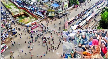 Left leaning parties organized a road blockade programme in the capital's Purana Paltan area on Monday, urging the government to reopen the state-owned jute mills. The aerial view of the programme is seen in this photo. (In the inset) Jute mills workers