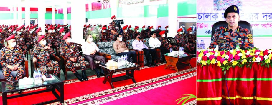 Director General of Fire Service and Civil Defence (FSCD) Directorate Sazzad Hossain, ndc, afwc speaks at a view-exchange meeting with officials, project directors and managing directors of Welfare Trust of FSCD at its headquarters in the city on Tuesday.