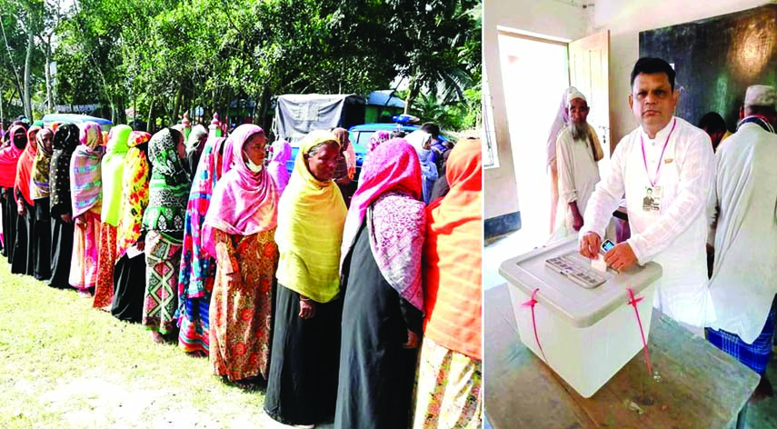 Women stand in a queue to cast their votes in the election of 4-No Balian Union Parishad under Fulbaria upazila in Mymensingh district on Tuesday. (In the inset) Awami League nominated chairman candidate Mofiz Uddin is seen cast his vote at a poling booth