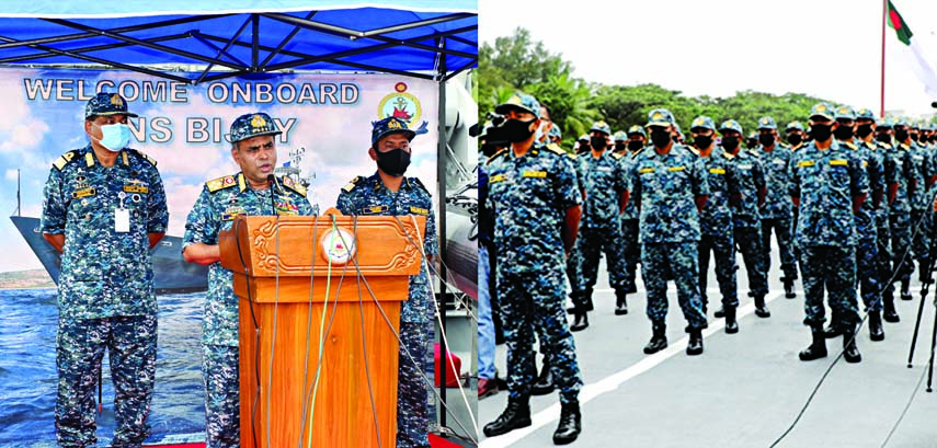 Chief of Naval Staff Admiral M Shaheen Iqbal speaks to officers and sailors of 'BNS Bijoy' on its arrival from Lebanon after completion of UN Peace Keeping Mission UNIFIL successfully on Sunday. ISPR photo