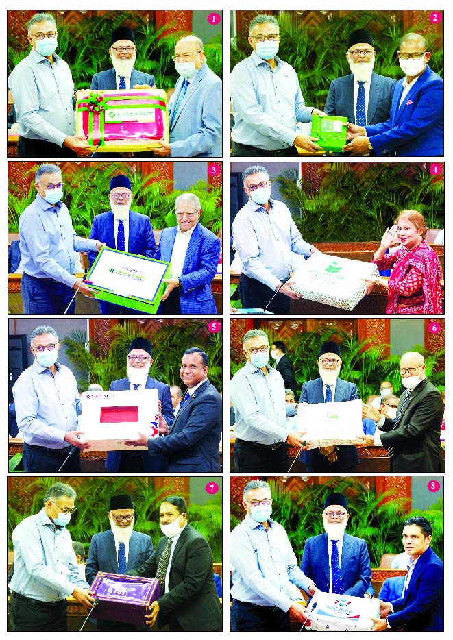 The following commercial banks donated 75,000 pcs blankets for the cold-stricken people to the Prime Minister's Relief Fund. Dr. Ahmad Kaikaus, Principle Secretary of Prime Minister, receives the aid at PMO on Wednesday while Prime Minister Sheikh Hasina