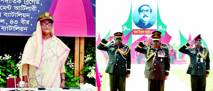 Chief of Army Staff General Aziz Ahmed seeks permission from Prime Minister Sheikh Hasina through salute to start flag hoisting of three brigades and five units of the Army at Sheikh Hasina Cantonment in Barishal on Wednesday. ISPR photo