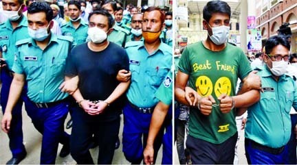 Police produce Awami League MP Haji Selim's son Erfan Selim and his bodyguard Md Zahid before the CMM Court on Wednesday in Navy Official assault case.