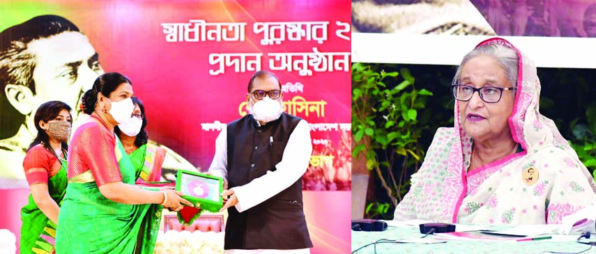 On behalf of Prime Minister Sheikh Hasina, Liberation War Affairs Minister AKM Mozammel Haque hands over 'Independence Award-2020' to eight individuals and one institution in Osmani Memorial auditorium in the city on Thursday. PID photo