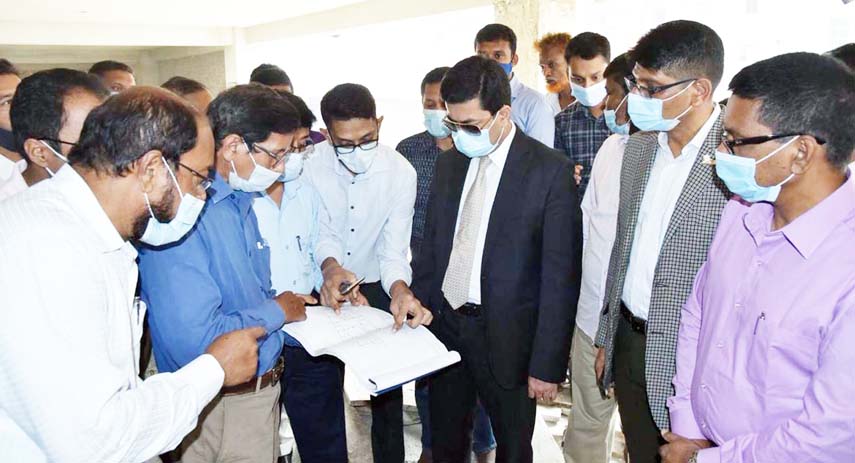 DSCC Mayor Barrister Sheikh Fazle Noor Taposh inspects different development activities including modern slaughtering house at Kaptan Bazar on Wednesday.