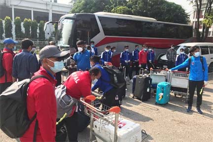 Members of Napal Football team arrived at the Hazrat Shahjalal International Airport in the city on Thursday.