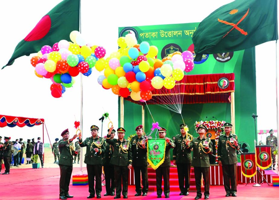 Chief of Army Staff General Aziz Ahmed inaugurates flag hoisting ceremony of four units of the 17 Infantry Division releasing balloons in Sylhet Cantonment on Thursday. ISPR photo