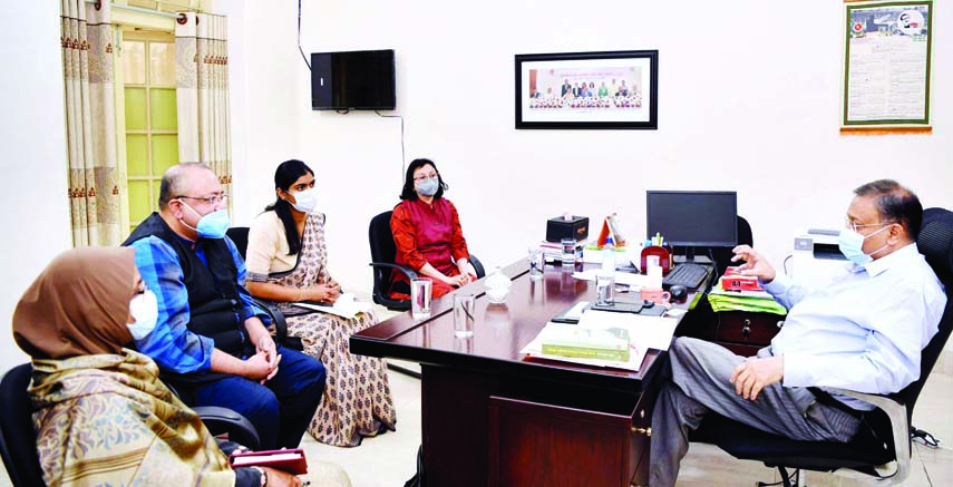 Information Minister Dr Hasan Mahmud speaks at a meeting with the Curator of Mahatma Gandhi Digital Museum about International Digital Exhibition on 'Bangabandhu and Mahatma Gandhi' at his official residence in the city on Thursday.