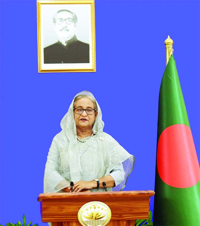 Prime Minister Sheikh Hasina addresses the inaugural ceremony of the 14th ASEM Finance Ministers' Meeting through virtual in the city on Friday.