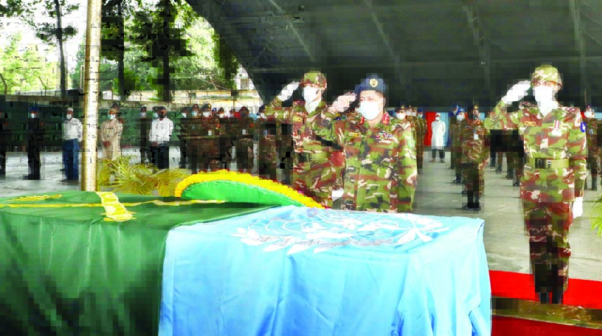 On behalf of the Chief of Army Staff General Aziz Ahmed, a floral tribute paid on Saturday on the coffin of Quarter Master General Lieutenant General Shamsul Haque Shaheed, a Bangladeshi peacekeeper who was killed recently in a road accident at the Middle