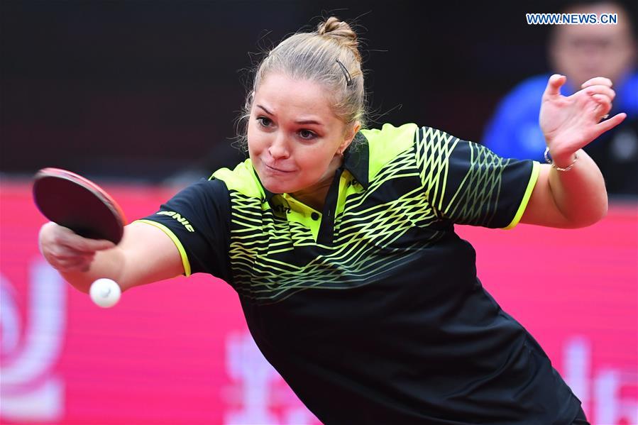 Margaryta Pesotska of Ukraine competes during the first round match between Margaryta Pesotska of Ukraine and Lily Zhang of the United States at the 2020 ITTF women's world cup in Weihai, east China's Shandong Province on Sunday.