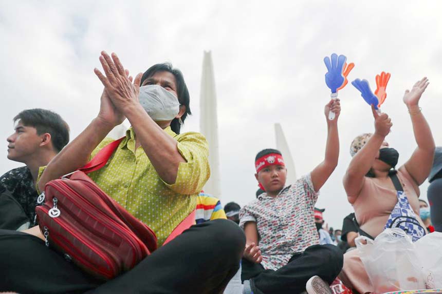 Anti-government protesters attend a mass rally to call for the ouster of Prime Minister Prayuth Chan-ocha's government and reforms in the monarchy in Bangkok, Thailand, on Sunday.