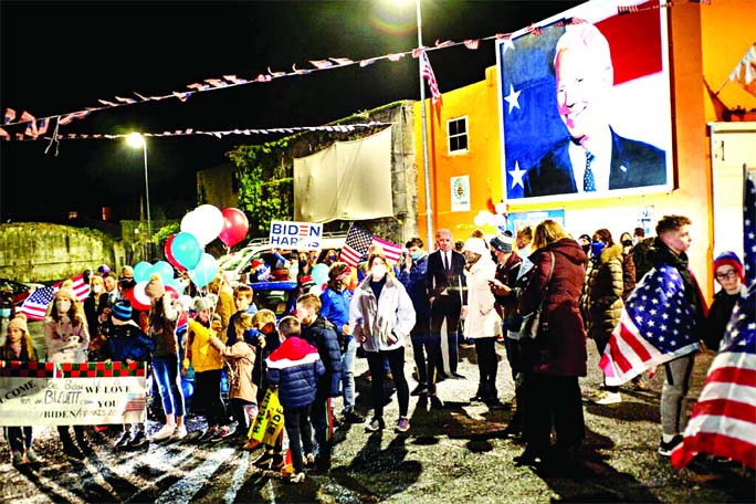 Family and local supporters of Mr. Biden gathered in Market Square in Ballina, Ireland to celebrate his victory in the presidential election.