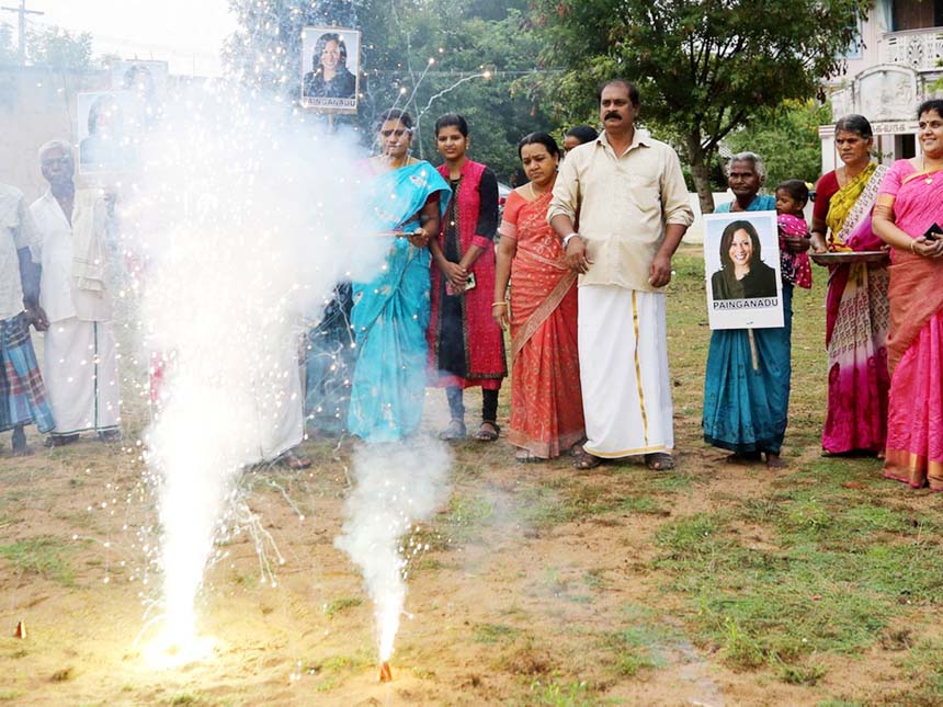 Villagers burst firecrackers to celebrate the victory of US vice president-elect Kamala Harris in Painganadu a neighbouring village of Thulasendrapuram, the hometown of Harris' maternal grandfather, India.