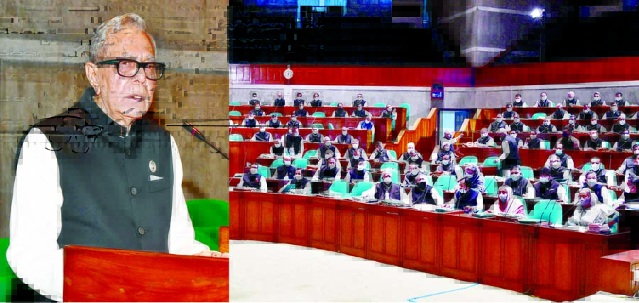 President M. Abdul Hamid addresses the Special Session of the eleventh Parliament marking the Birth Centenary of Father of the Nation Bangabandhu Sheikh Mujibur Rahman at the Jatiya Sangsad on Monday. Press Wing, Bangabhaban photo