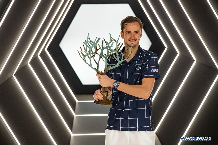 Daniil Medvedev of Russia poses with the trophy after the men's singles final of ATP World Tour Paris Masters against Alexander Zverev of Germany in Paris, France on Sunday.
