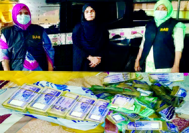 Members of Rapid Action Battalion arrest a Rohingya woman and her husband for their alleged involvement in drug trading and recovered cash Tk 1 cr 17 lakh along with 5300 pieces of Yaba raiding their house at Chandgaon residential area in Chattogram.