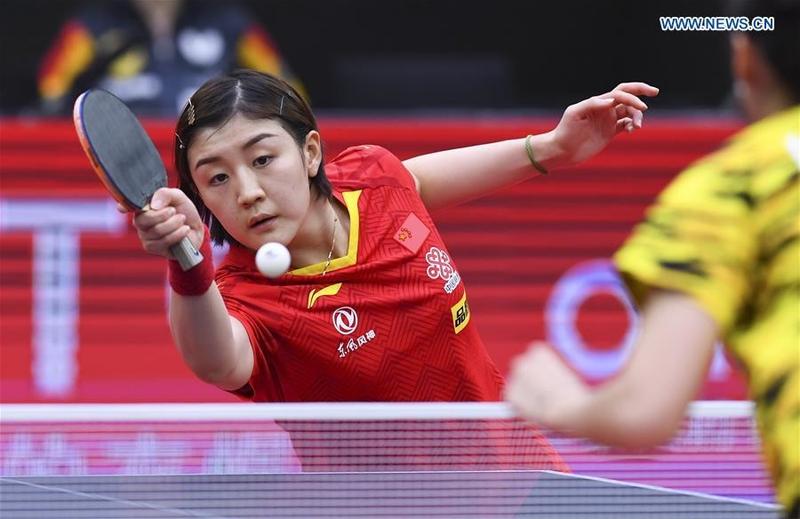 China's Chen Meng returns the ball during the women's singles semifinal against Germany's Han Ying at the 2020 ITTF women's world cup in Weihai, east China's Shandong province on Tuesday.