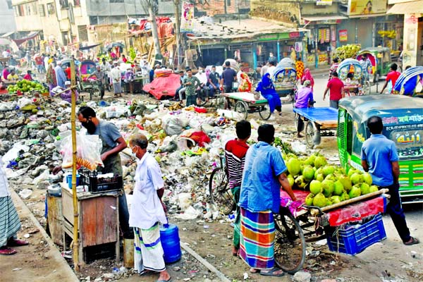 Wastes have been piled up on the road in the city's Gopibagh causing immense sufferings to movement of vehicles as well as local residents.