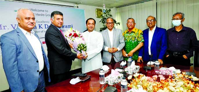 Sayem Sobhan Anvir, Managing Director of Bashundhara Group, greeting with floral bouquet to Vikram Doraiswami, new Indian High Commissioner of Dhaka while he visited East Media Group Limited, a concern of Bashundhara Group on Thursday. Senior journalists