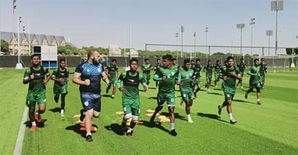 Members of Bangladesh Football team during their practice session at Doha, the capital city in Qatar on Sunday.