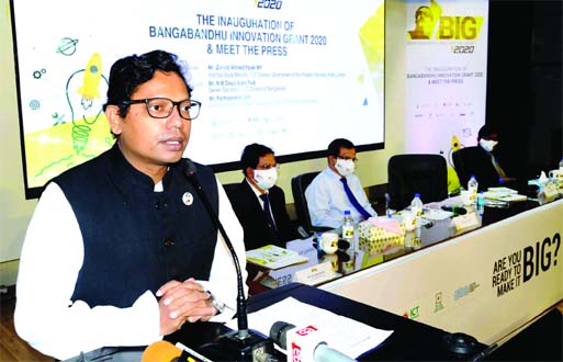 State Minister for ICT Division Zunaid Ahmed Palak speaks at the press conference on the inauguration of 'Bangabandhu Innovation Grant-2020' in BCC auditorium in the city's Sher-e-Bangla Nagar on Wednesday.