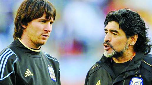 Argentina's A-team: Maradona, then manager of the national side, passes on his wisdom to forward Lionel Messi at the 2010 World Cup but they are beaten 4-0 by Germany in the quarter-finals.