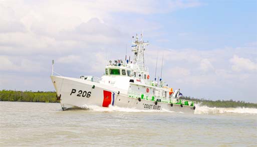 Bangladesh Coast Guard Ship 'Shwadhin Bangla' is seen at Alorkol in Dublar Char, Sundarbans for maintenance of law and order and security of Rash Purnima festival of the Hindu Community.