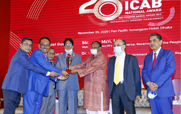 Commerce Ministry Tipu Munshi handing over the 20th ICAB National Award for best presented annual reports to Md Quamrul Islam Chowdhury, Managing Director of Mercantile Bank Limited at a city hotel on Thursday. Commerce Secretary Dr Md Jafar Uddin and the