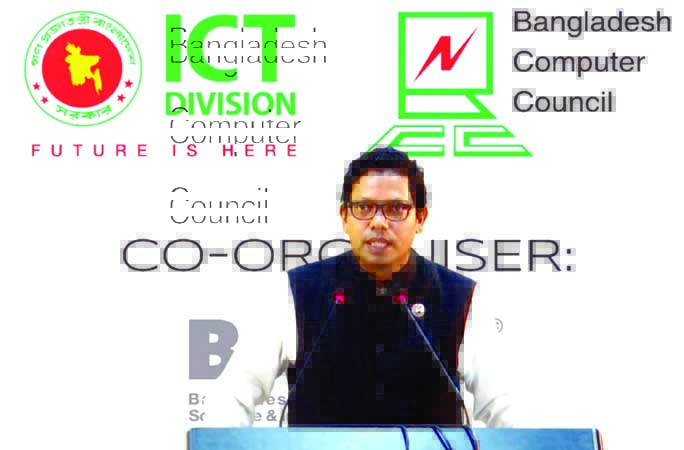 State Minister for ICT Division Junaid Ahmed Palak speaks at a prÃ¨ss conference on 'Digital World 2020' in BCC auditorium in the city on Sunday.