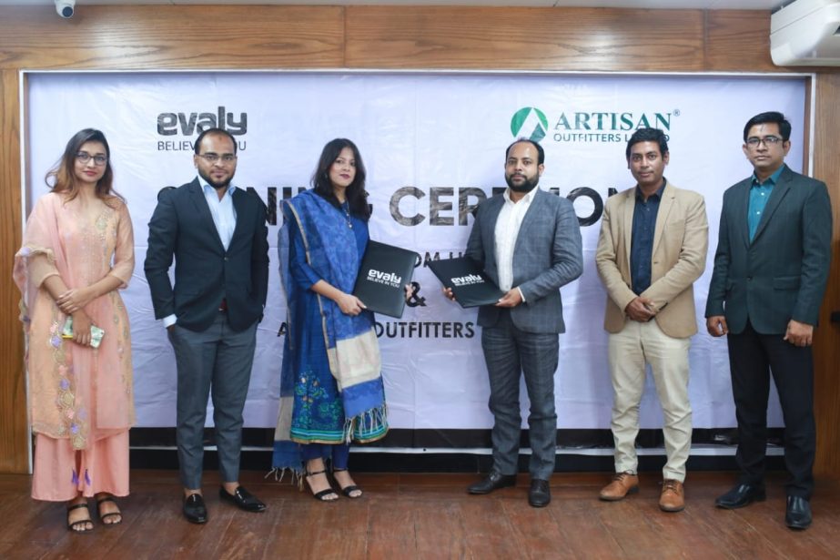 Shamima Nasrin, Chairman of Evaly and Ali Ahamad Rasel, Managing Director of Artisan (clothing brand Artisan), exchanging a MoU signing document at Evaly's head office in the city recently. Under the deal, customers will be able to buy clothes and other
