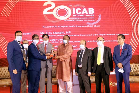 Md. Arfan Ali, Managing Director along with Mohammad Ibrahim Khalil, CFO of Bank Asia, receiving the 20th ICAB National Award in all three categories (Private Sector Banks, Corporate Governance Disclosures & Integrated Reporting) for Best Presented Annual