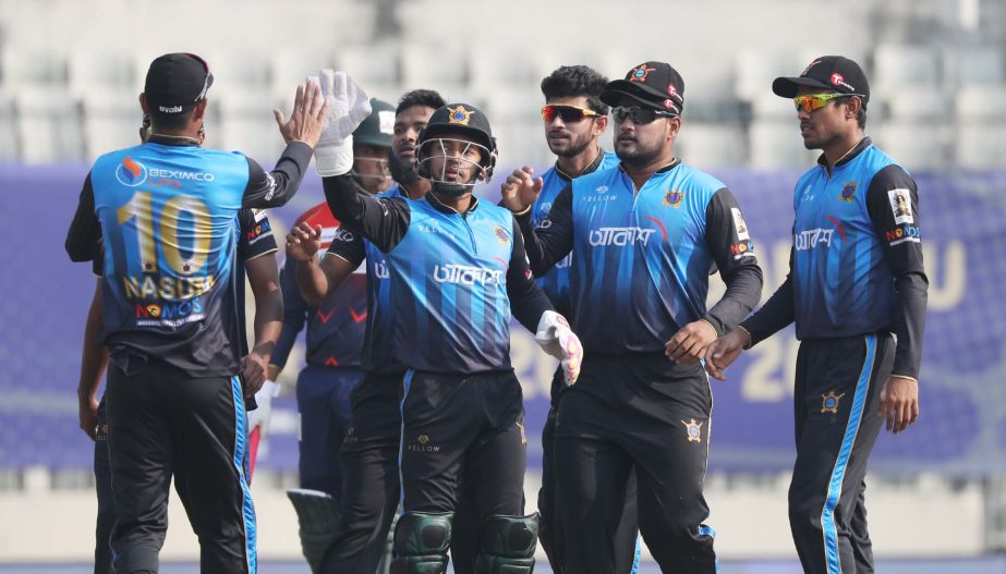 Beximco Dhaka players celebrate after dismissing a Barishal Fortune batsman during their Bangabandhu T20 Cup match at the Sher-e-Bangla National Cricket Stadium in city's Mirpur on Wednesday.