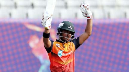 Zakir Hasan of Gemcon Khulna celebrating his half century against Fortune Barishal during their fifth match of the Bangabandhu T20 Cup Cricket at the Sher-e-Bangla National Cricket Stadium in the city's Mirpur on Friday.
