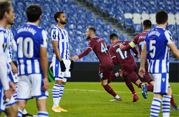 HNK Rijeka's Stjepan Loncar celebrates scoring their second goal during the Europa League, Group F match against Real Sociedad at Reale Arena, San Sebastian, Spain on Thursday.