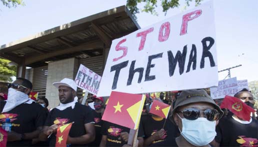 Members of the Tigrayan-Ethiopian community protest against the conflict in the Ethiopia's Tigray region, outside the Department of International Relations and Cooperation in Pretoria, South Africa.